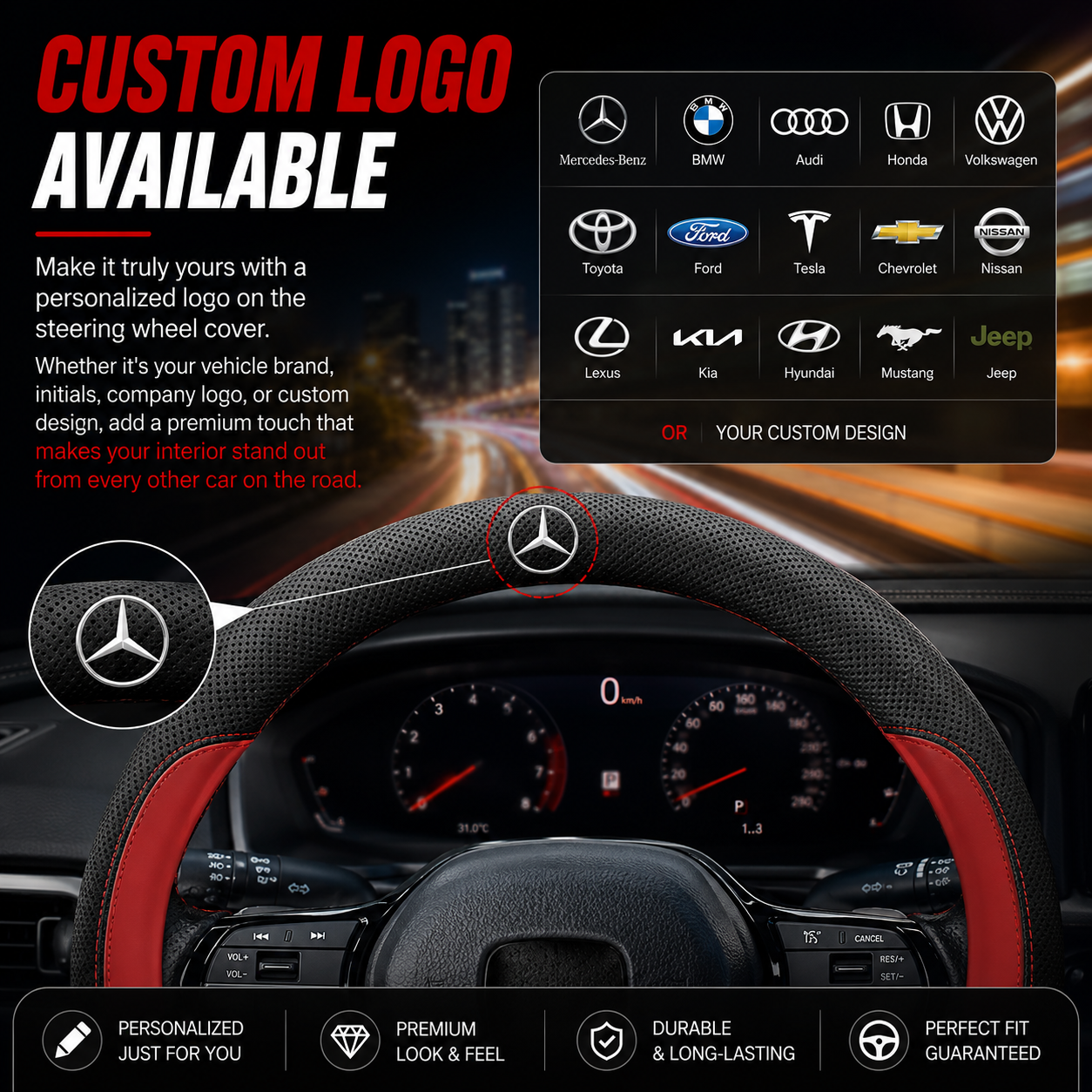 GripFit - Custom Logo Leather Steering Wheel Cover For Cars & SUVs